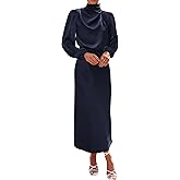 BTFBM Womens Mock Neck Satin Dress Spring Summer 2026 Long Sleeve Lightweight Formal Wedding Party Maxi Cocktail Dresses