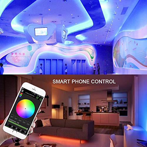 XUNATA LED Strip Lights, Bluetooth Control RGB 110-120V SMD 5050 60 LEDs/m Waterproof Rope Light Strip with 24Key IR Remote, Work with iOS & Android Music Time Control System(50ft/15m)