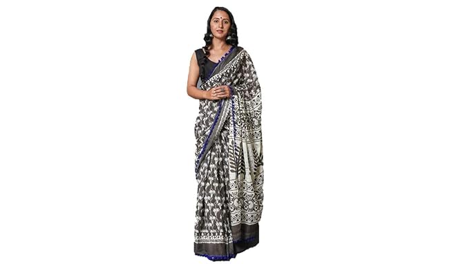 Black Cotton Hand Block Printed Saree With Blue Pom Pom