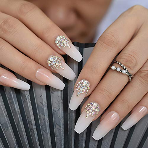 Luxury Coffin Nails with AB Rhinestones Ombre French Nail with Stones Long False Nails Natural Color Designed 8 Luxury Coffin Nails with AB Rhinestones Ombre French Nail with Stones Long False Nails Natural Color Designed