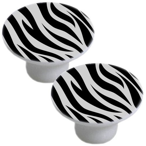 Set of 2 Zebra Print White Ceramic Cabinet Drawer Pull Knob