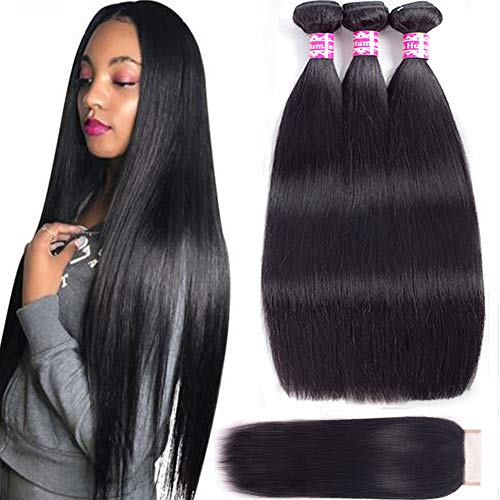 Straight Hair Bundles with Closure 100% Virgin Human Hair Bundles Straight Unprocessed Brazilian Remy Hair Extensions with Lace Closure (12 14 16 with12 Free Part)
