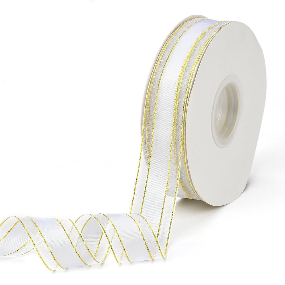 CABODYALS 45.72M 1 Inch White Organza Ribbon Gold Edge Ribbon Snow Sheer Transparent Soft Smooth Mesh Voile Fabric Ribbons Rolls with Spool for Gift Wrapping Christmas Hair Braiding Wedding DIY