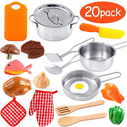 Toyssa Kitchen Pretend Play Accessories Toys with Stainless Steel Cookware Pots and Pans, Cooking Utensils, Cutting Play Food Set Learning Gifts for Kids Boys Girls - Thumbnail 7