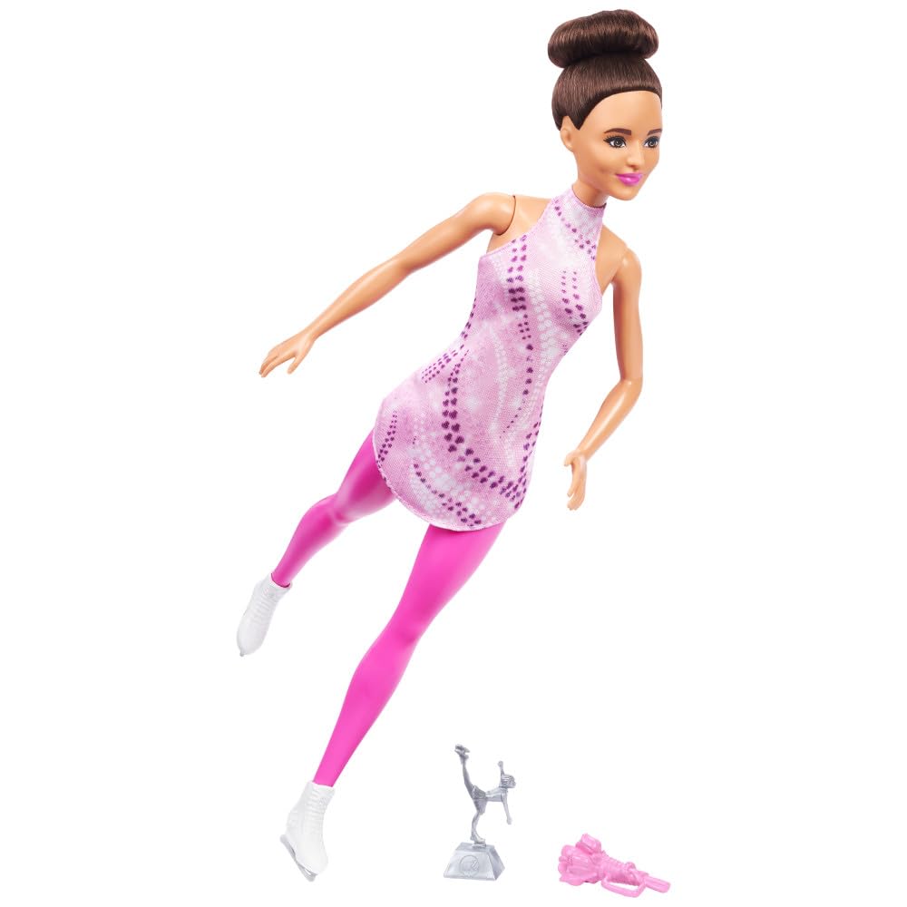 Barbie Careers Fashion Doll & Accessories, Brunette Ice Skater in Removable Pink Outfit with Ice Skates & Trophy, HRG37