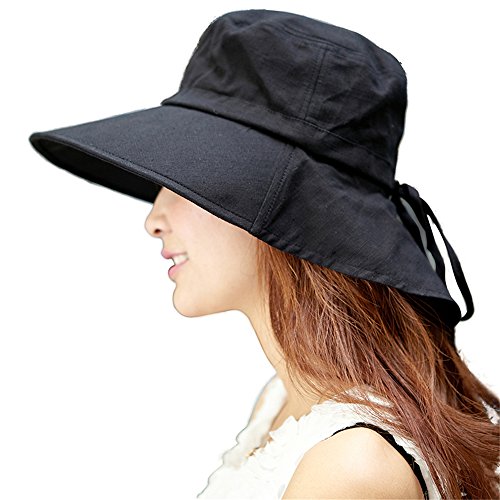 Siggi Womens Summer Flap Cover Cap Cotton UPF 50+ Sun Shade Hat with Neck Cord Wide Brim Black