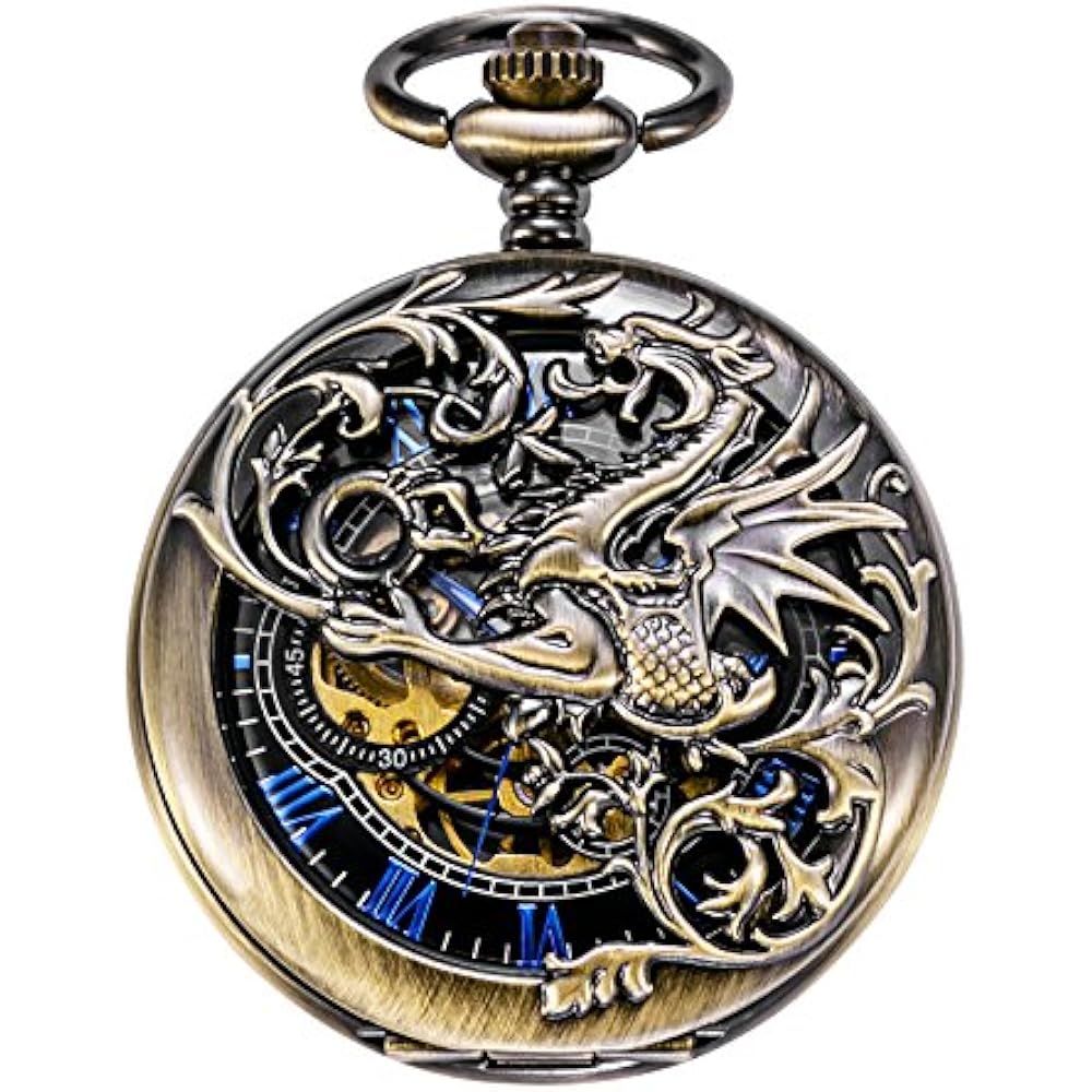Treeweto Antique Brone Dragon Mechanical Skeleton Pocket Watch With