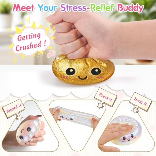 Giant Glitter Dumpling Squishy, Bao Bun Dumpling Mystery Dumplings Squishy with Steamer,Anti Anxiety Fidget Toys for Kids & Adults,Stress Relief Fidget Toy for Party Birthday Christmas(Gold + Silver)