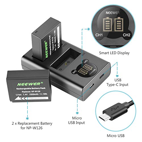 Neewer Kit Rechange Batterie et Chargeur pour NP-W126 pour Fujifilm X-T3 X-T2 X-T1 X-A5 X-E3 X-E2 X-E1 X100F X-H1 X-M1 X-Pro2 X-T20 et Plus (2 1500mAh Batterie/Double USB et Entrée de Type C) - Image 3