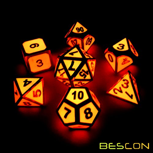 image for Bescon Super Glow in the Dark Metal Polyhedral Dice Set Golden and Ros