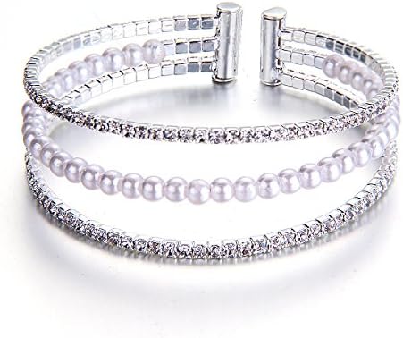 YUXI Silver Crystal Pearl Beads Bracelets Multilayer Bangles for Women Wedding Bridemaids Jewelry (Style 1)
