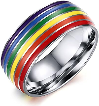 YIKOXI 8mm Gold Color Plated Stainless Steel Rainbow Enamel Gay Pride Flag Comfort Fit Half Ronud Band Ring (Sliver, 11)