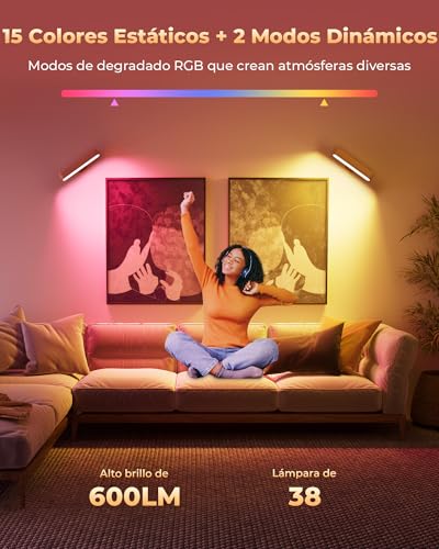 Lampara de Pared Recargable Inalambrica, Juego de 2 Apliques de Pared LED con Control Remoto, Luz RGB 15 Colores, 3 CCT Regulable, Rotación Magnética 360°, Lamparas de Pared Interior de Madera