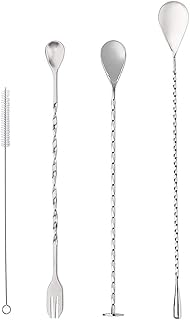 SwirlColor Barlöffel Gedreht, Cocktailrührer DREI Arten Lange Edelstahllöffel zur Herstellung von Cocktail-Mixgetränken 3-teilig, mit Reinigungsbürste 1St