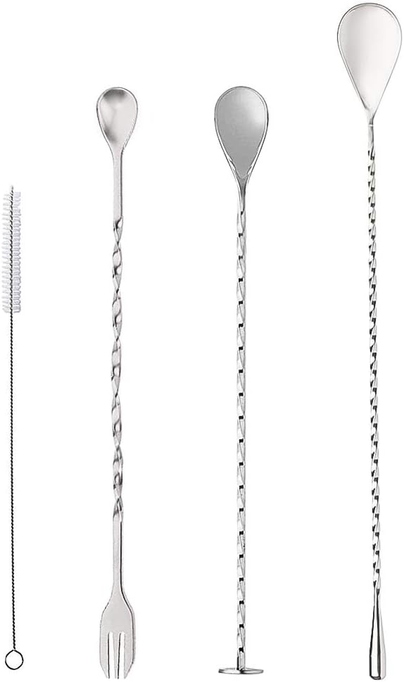 SwirlColor Barlöffel Gedreht, Cocktailrührer DREI Arten Lange Edelstahllöffel zur Herstellung von Cocktail-Mixgetränken 3-teilig, mit Reinigungsbürste 1St
