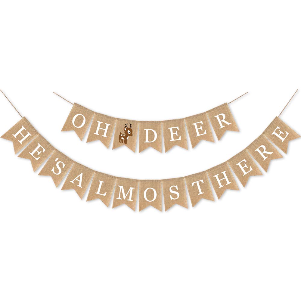 SWHATYW Burlap Oh Deer He's Almost Here Banner Mantel Fireplace Decorations Boy Woodland Baby Shower Garland Supplies