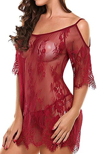 SimpleFun Women Sexy Lingerie Babydoll 3/4 Sleeve Cold Shoulder Sheer Lace Nightwear S-XXL