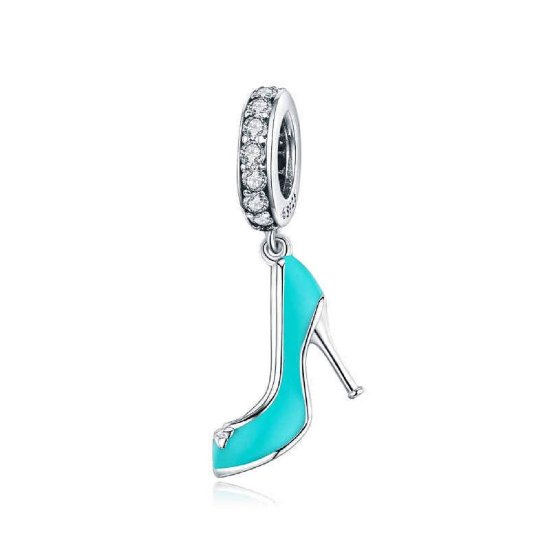 FeatherWish Turquoise Blue High Heeled Shoe Pendant Dangle Charm 925 Sterling Silver With Clear Cubic Zirconia Compatible With Pandora Bracelet (Turquoise)