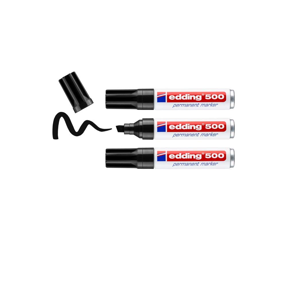 edding 500 permanent marker - black - 3 pens - chisel nib 2-7 mm - waterproof, quick-drying, smear-proof pens - for cardboard, plastic, wood, metal, glass and fabric