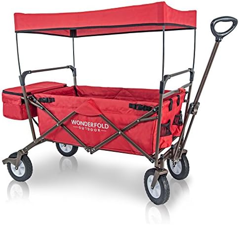 WonderFold Outdoor Multi-Purpose Value Model Collapsible Folding Wagon with Canopy, 180 Degree Active Steering Telescoping Handle, Sturdy Stand (Ruby Red)