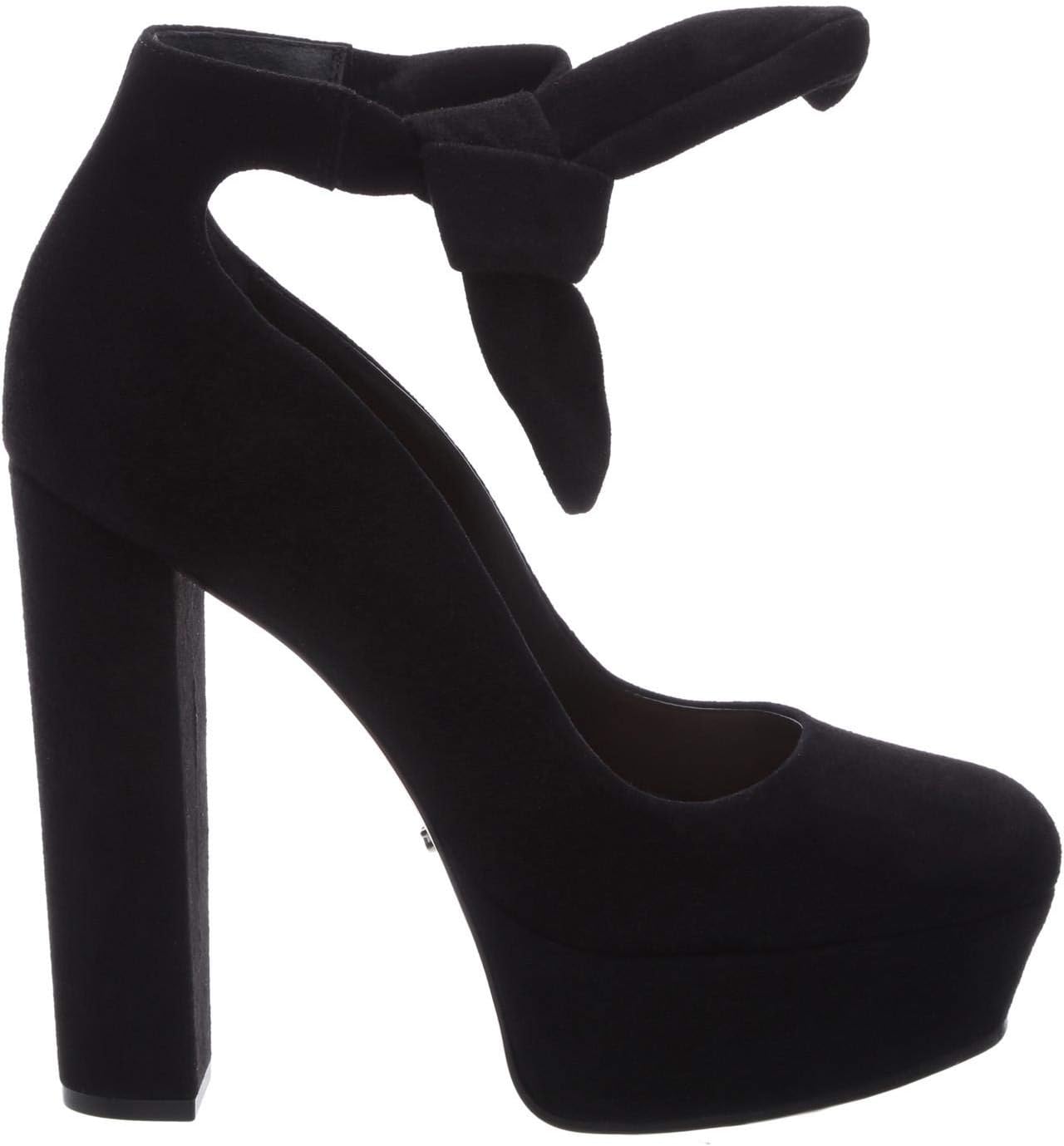 Cecylia Black Suede Super High Thick Heel PLatform Diva Ankle Tie Pumps