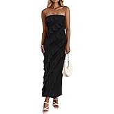Muchpow Women's Strapless Ruffle Dress Midi Elegant Summer Bodycon Stretchy Mesh Ruched Party Cocktail Dresses