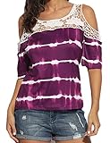 Women's Lace Patchwork Tie Dye Cold Shoulder Shirt Casual Loose Blouse Tops