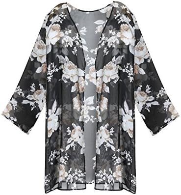 GESSY Beach Cover up, Womens Long Sleeve White Peony Sheer Floral Print Chiffon Blouse Casual Loose Tops Chic Open Front Floral Print Cardigan Kimono Capes Cover Ups Black L