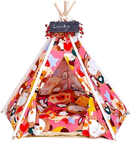 Pet Tent Wood Canvas Dog Cat House With Soft Washable Mattress Kennel Kitten For Small Medium Pet 2 Size 8 Color , red cartoon , l