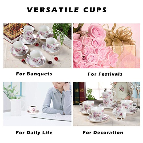 Coffee Tea Cup and Saucer Set of 6—7OZ New Bone China Vintage Floral Pattern Tea Cup Set, 220ml Porcelain Cups for Specialty Coffee Drinks, Latte, Cafe Mocha and Cappuccino