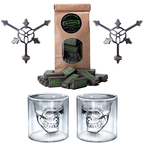 Scary Skull Design Absinthe Set | 2x Absinthe Skull Glasses | 2x Absinthe Spoons | 1x Sugar Cubes