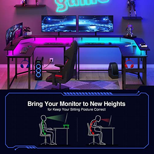 Rolanstar Computer Desk with Power Outlets USB Ports & LED Strip, Reversible L Shaped Desk with