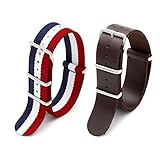 2pc 20mm Nato Ss Nylon Striped Navy Blue / White/red , Brown leather Replacement Watch Strap Band