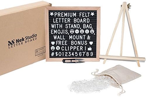 Felt Letter Board with 340 Changeable Characters Including Symbols, Numbers, Emojis & Punctuation. Premium 10x10 Oak Frame with Wood Tripod Stand, Canvas Bag, Wall Hanger and FREE Bonus Clippers
