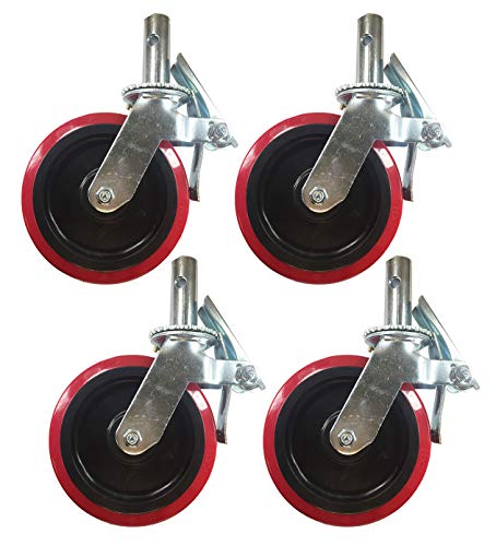Scaffold Caster 8" x 2" Red PU Wheel Locking Brake 1-3/8" Stem 3800 lbs 4 pcs