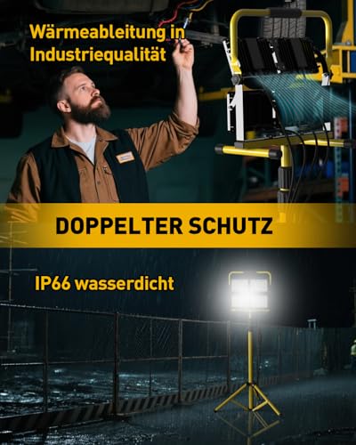 26000LM LED Work Light with Stand, Portable Work Light with 4 Heads and 5.0M Cable - IP66 Waterproof Floodlight for Workshop, Garage, Construction Site and Outdoor Lighting