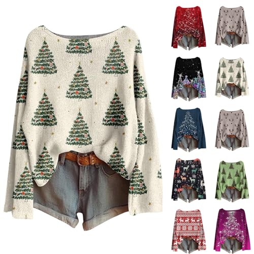 Cocila Christmas Jumpers for Women UK 2025 Xmas Tree Print Ladies Tops Funny Christmas Boho Sweatshirt Xmas Pullover Crew Neck Knitted Pullover Fall Casual Loose Jumper Gifts for Women White S
