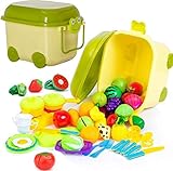 Pretend Play Kitchen Toys and Food Set - in Beautiful Storage Container - Includes Kids Toy Dishes, Cutting Play Foods, Play Fruits & Play Vegetables, Mini Toy Stove Top, Play Kitchen Utensils & more
