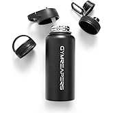 Gymreapers Insulated Water Bottle - Stainless Steel 32 Oz, 3 lids (Straw, Chug, Canteen), Double Walled Vacuum Insulation, Thermo Mug Cold Hot - Durable Powder Coated Finish (Black)