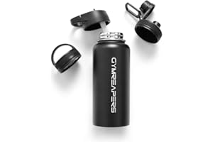 Gymreapers Insulated Water Bottle - Stainless Steel 32 Oz, 3 lids (Straw, Chug, Canteen), Double Walled Vacuum Insulation, Thermo Mug Cold Hot - Durable Powder Coated Finish (Black)
