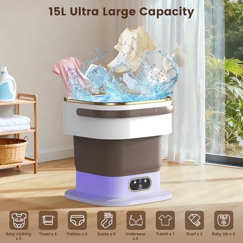 Mini Washing Machine, 15L 2 in 1 Portable Washing Machine with Spin and 3 Cleaning Modes for Small Clothes, Folding Camping Washing Machine for Travel, Apartments (Kaki)