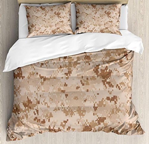 Camo 4 Pieces Bed Sheets Set King Size, US Marine Desert Marpat Digital Texture Background in Brown Colors Floral Duvet Cover Set, Brown Pale Brown Cinnamon