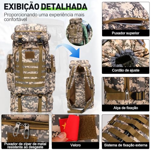 Mochila de Viagem 80L Impermeável para Camping e Trilha, Mochila Esportiva Grande Multifuncional com Compartimentos Amplos, Alças Confortáveis e Suporte para Equipamentos Outdoor, Camuflado