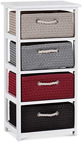 Karlory Nightstands 4Drawers Wooden Weaving Bedside Table Storage Organizer Side Table White