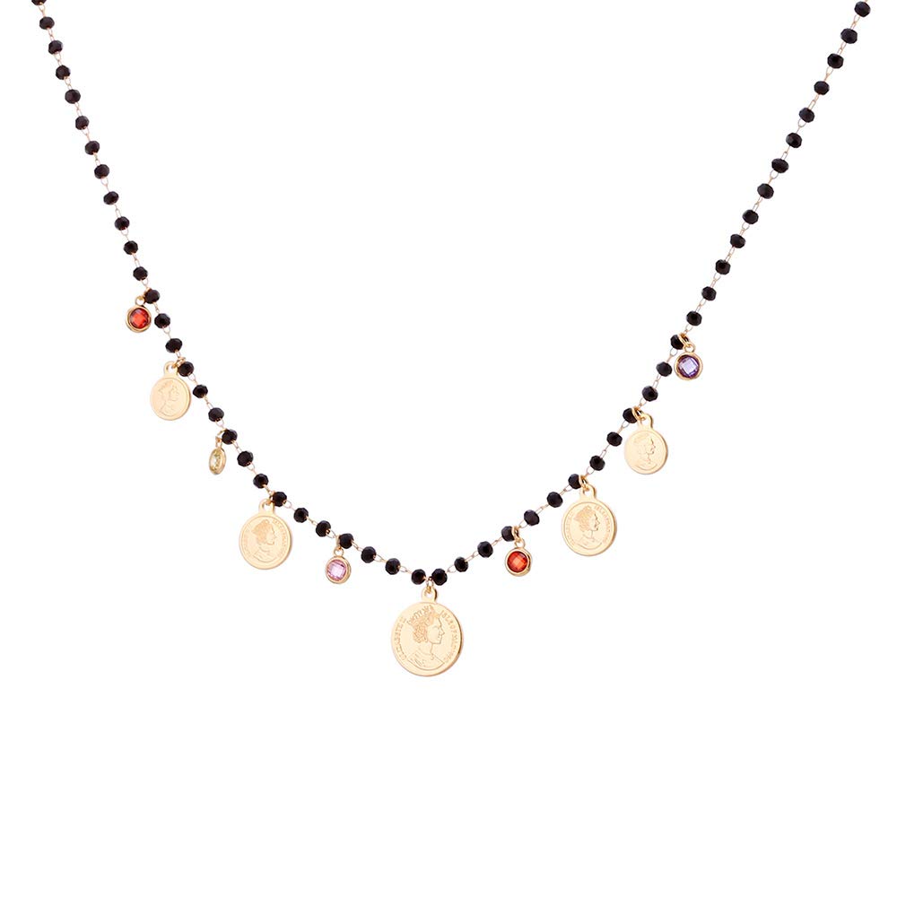 Copper Necklace Black Crystal Bead Chain Coin Queen Elizabeth Portrait Cubic Zirconia Pendant Vintage Style Women Necklace Gift for Mom