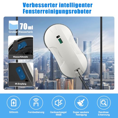 Window Cleaning Robot with Automatic Spray Function, Intelligent Navigation & Edge Detection, 3 Cleaning Modes, Remote Control, 70 ml Tank, Safety & UPS for Windows, Glass, Mirrors, Tiles