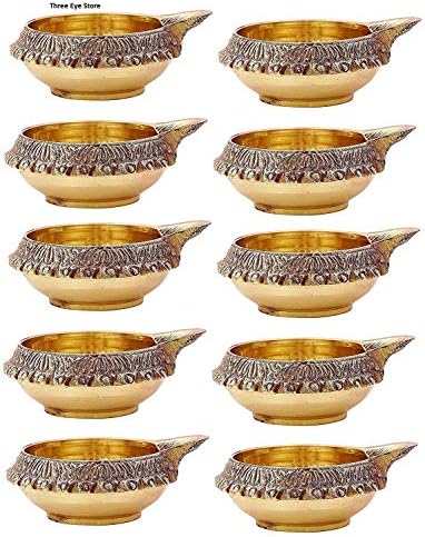 THREE EYE STORE Pure Virgin Brass Diwali Diya (Set of 10) Indian Pooja Oil Lamp - Golden Engraved Design 2.5 Inch. Deepawali Diya Diwali/Christmas Decoration Golden Engraved Kuber Brass Diwali