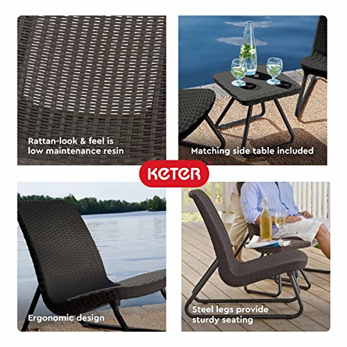 Keter Rio 3 Piece Resin Wicker Patio Furniture Set with Side Table and