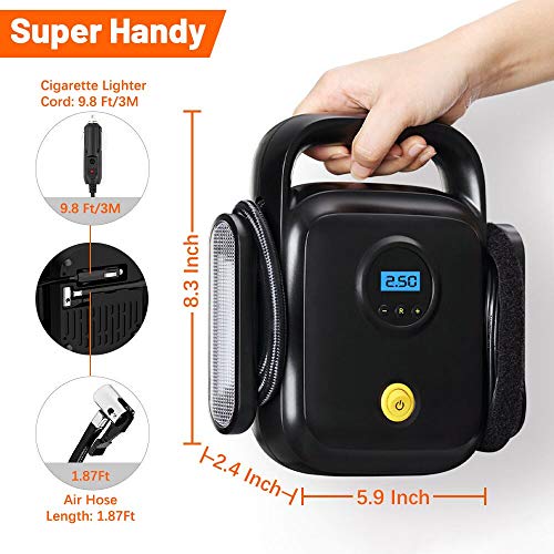 Directtyteam Car Air Compressor Tire Inflator, 12V Portable Air Pump for Car Tires, Tire Pump with LED Light, Long Cable and Auto Shut Off Compatible with Car, Bicycle, Motorcycle, Balls, Inflatable - Thumbnail 2