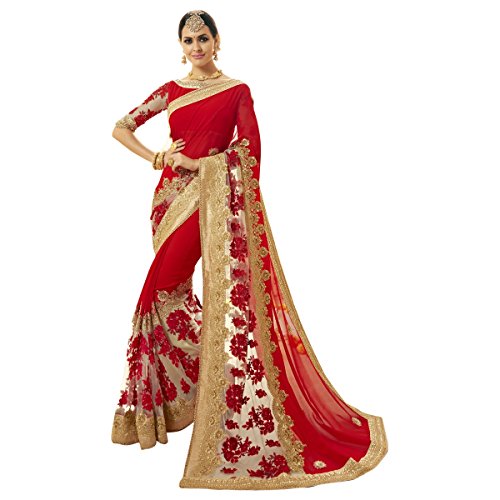 Aksaa Fashion Women's Indian Red Embroidered Faux Georgette Net Bridal Saree, Sari